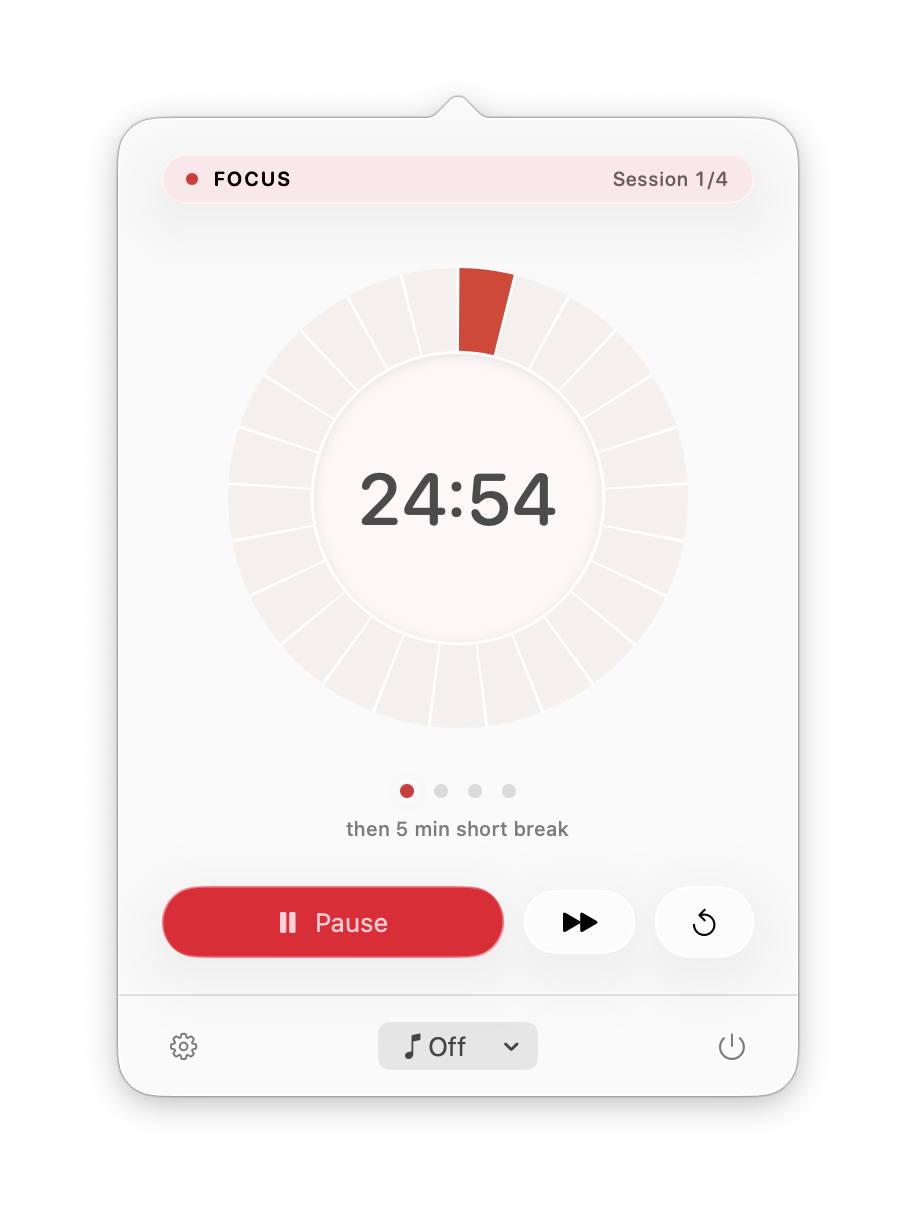 The Tomatino overview: a Time Timer dial counting down a focus session, with the cycle and the controls below it